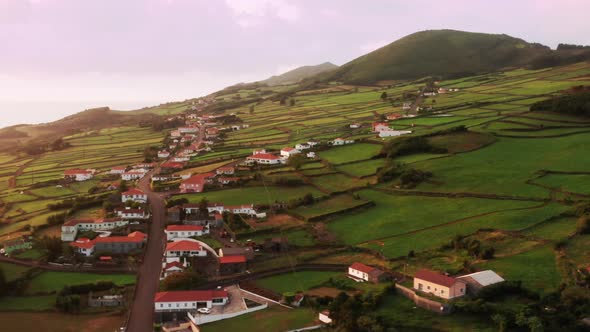 Village Houses and Farm Buildings Covered Hills of Mountains at Sao Jorge Island