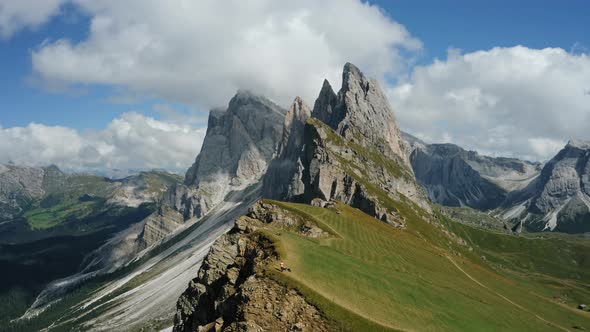 Epic Aerial View of Seceda Peak in Dolomites Alps South Tyrol Italy Europe