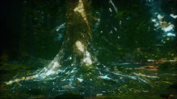 Old Trees with Lichen and Moss in Green Forest