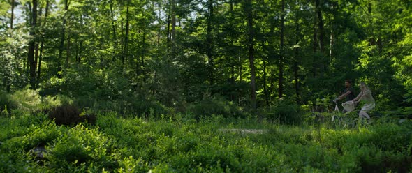 Rear view of couple riding bikes in the woods. Shot with RED helium camera in 8K.