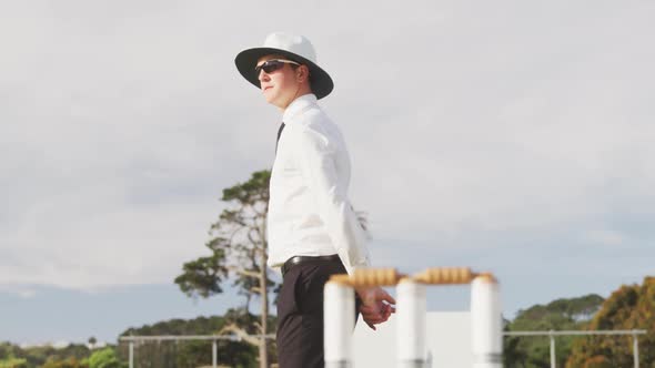 Cricket umpire making signs standing on a cricket pitch