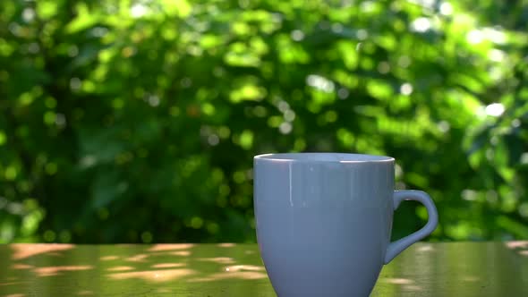 Hot Drink in a Cup Against the Background of a Summer Garden in the Morning