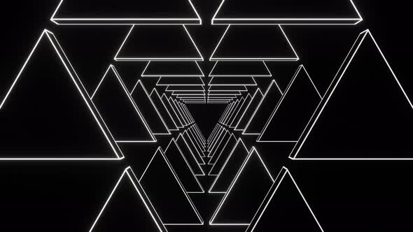 Tunnel of White Led Neon Triangles on Dark Background Seamless Animation