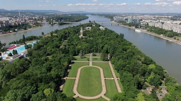 Aerial view of rose garden in park on Margaret island in Budapest, Hungary