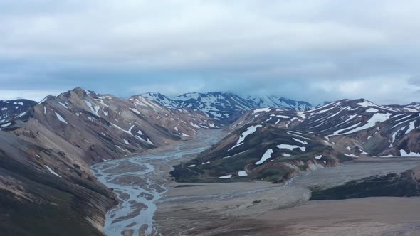 Birds Eye of Beautiful and Unspoiled Glacier Snowy Thorsmork Valley in Iceland
