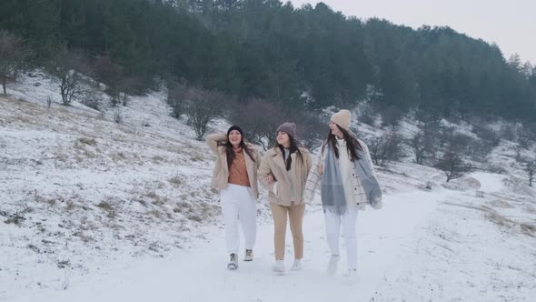 Group of Three Happy Friends Having Fun and Walking Together in Winter Park