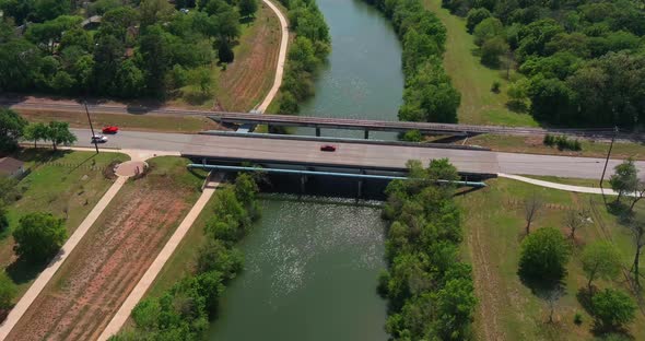 Aerial view of the buffalo Bayou in Houston,  Texas.