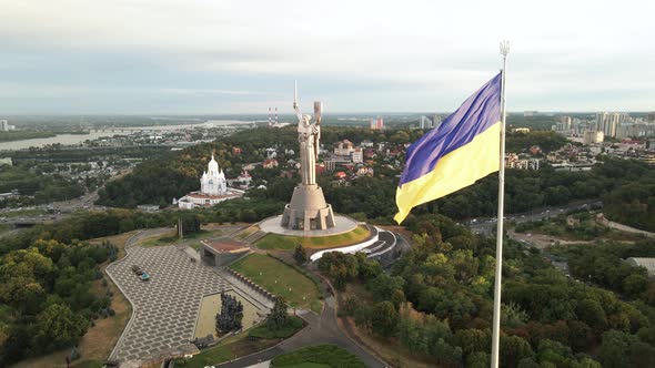 Kyiv - National Flag of Ukraine By Day. Aerial View. Kiev. Slow Motion