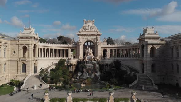 Aerial view of Palace Longchamp with cascade fountain in the heart of Marseille