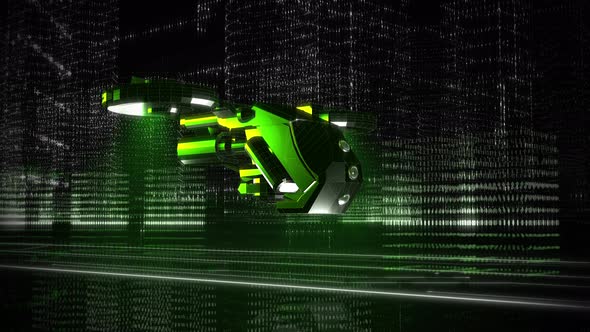 Animation Of Green Drone Vehicle Flying Through Code Lines In Digital Space alt