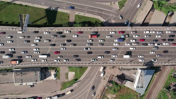 Transport Aerials  Top Down View of Freeway Busy City Rush Hour Heavy Traffic Jam Highway Bridge