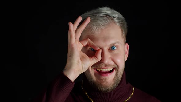 Cheerful Excited Young Man Looking at Camera Charming Smile Showing Ok Okay Gesture Fun Enjoyment