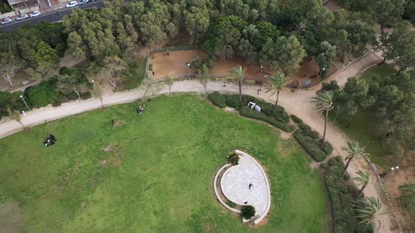 Aerial view of Spiegel Park in Tel Aviv, Israel. An urban recreational area in the city with large g