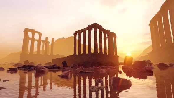 Ruined Greek Temple At Sunset