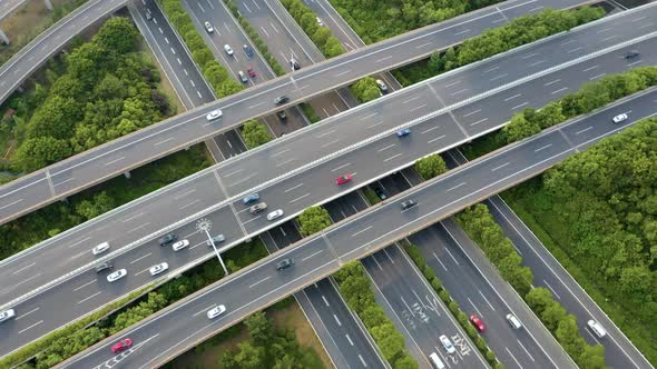 Aerial view of highway and overpass in city