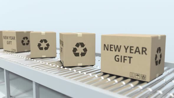 Boxes with NEW YEAR GIFT Text on Roller Conveyor