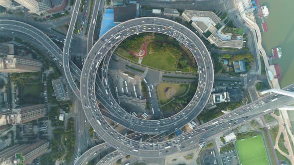 Circular Road Junction in Shanghai City, China. Traffic Circle. Aerial Vertical Top-Down View