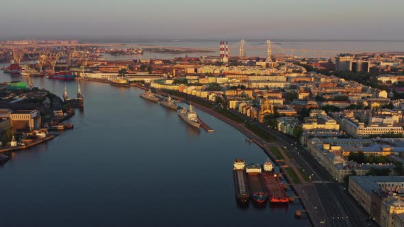 Aerial Morning Cityscape with Warships in the Waters of the Neva River Before the Holiday of the