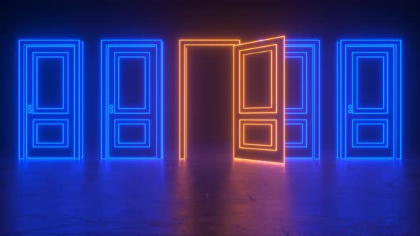 A row of blue neon closed doors with glowing lines