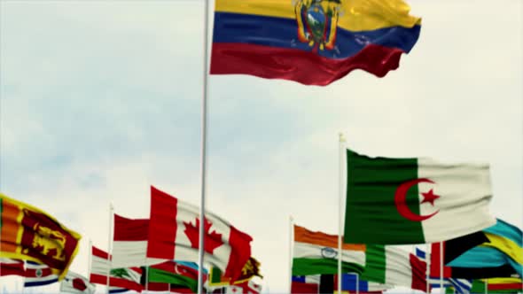 Ecuador Flag With World Globe Flags Morning Shot