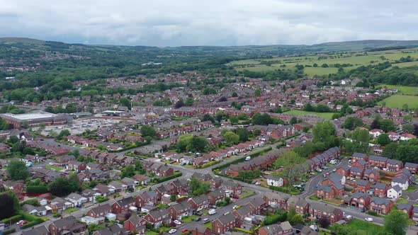 Aerial footage over a housing estate in Bolton, England