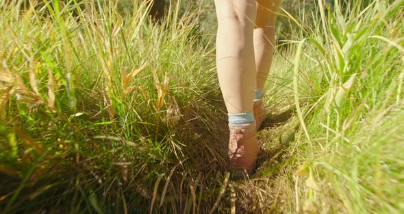 Close Up Woman in Hiking Boots Walking By the Green Grass Meadow on Sunny Day