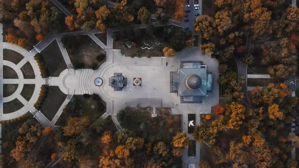 Aerial top down drone view on Chisinau city in autumn season. Nativity Cathedral