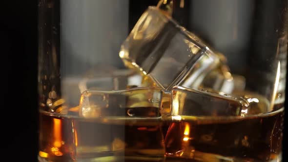 Pouring Alcohol Drink Whiskey, Cognac Into Glass with Ice Cubes. Slow Motion