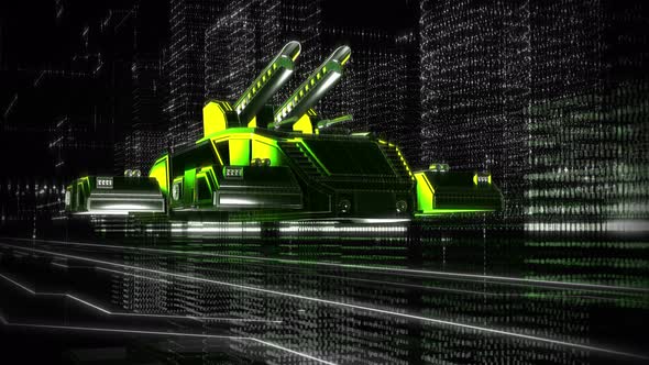 Automotive Hologram Of Armed Futuristic Tank Traveling In Cyber Server Reality