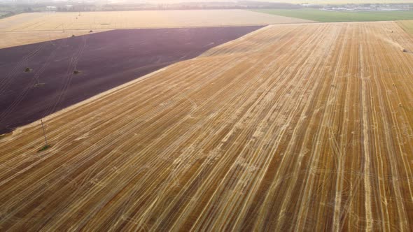 Aerial Drone View Flight Over Different Agricultural Fields Field After Harvest