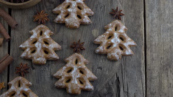Christmas Tree Cookies on Wooden Background