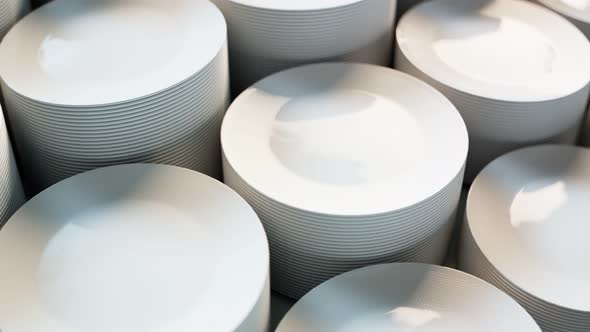 Seamless looping animation of assorted white plates. Set of many dishes. 4 K HD.