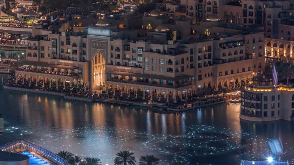 Unique View of Dubai Dancing Fountain Show at Night Timelapse