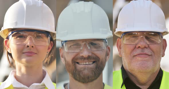 Portrait of Builders of Different Ages in a Protective Helmet Looking at the Camera While Standing