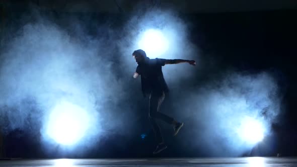 One Hip Hop Break-dancer Stylish Man Dancing, Smoke, Silhouette