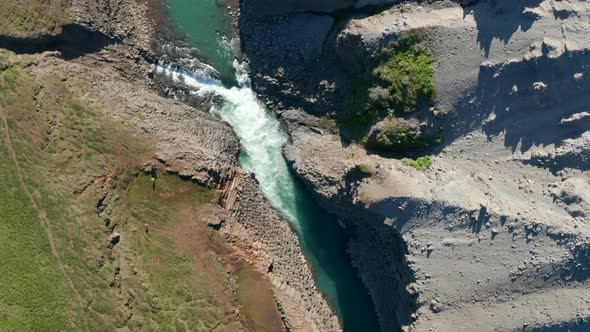 Overhead View of Jokulsa Glacier Water River Flowing Between Basalt Rock Walls