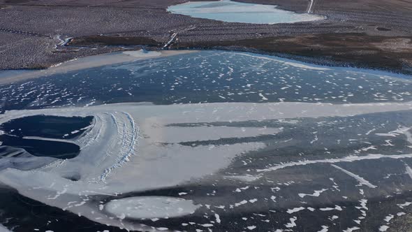 Drone Flight Over Frozen Lake And Cold Landscape