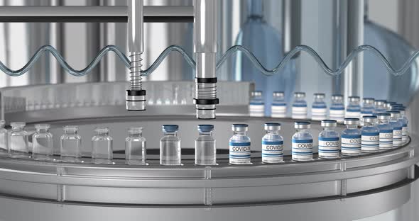 SARSCOV2 COVID19 Mass Production of Coronavirus Vaccine a Machine Pours the Vaccine Seals Bottle alt
