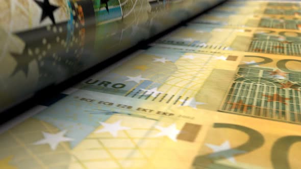 Close-up of Euro Money Press Machine Printing 200 EUR Banknotes