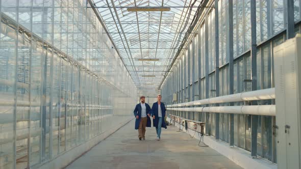 Agronomist Team Walking Discuss Agribusiness Production in Farm Lab Greenhouse