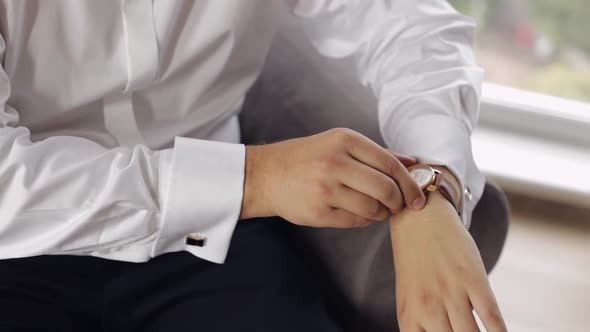 Man Put on Wrist Watch Groom Dresses Male Businessman Waiting for Meeting Hand with Clock