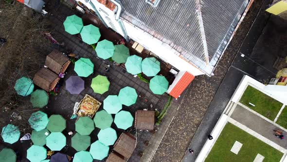 Aerial view of a drone flying over the Christmas fair.