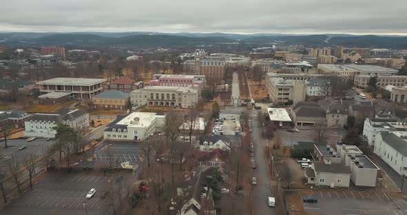 This aerial shot takes place over the downtown Fayetteville Arkansas area. This is beautiful color c