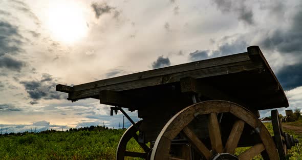 Antique Wooden Cart Standing Alone in a Field, Beautiful Autumn Landscape, Hyperlapse, Time Lapse