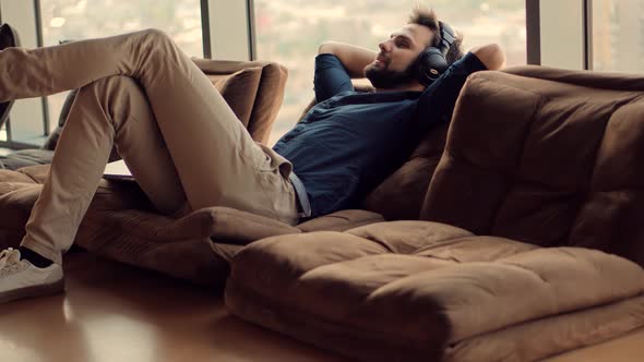 Calm Businessman Cozy Daydreaming In Office. Peaceful Boss Feeling No Stress Lounging Dreaming.