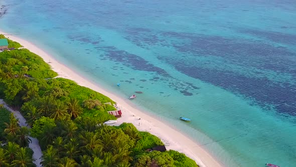 Drone aerial sky of exotic tourist beach by blue lagoon with sand background