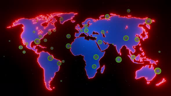 Map of the Earth is Highlighted in Glow Red and Particles of Coronavirus Flying Over It
