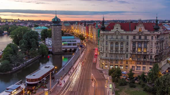 Sitkovska Watertower Timelapse and Traffic on Road in Old City Center of Prague Day to Night