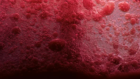 Red liquid blood background. Macro shot of various air bubbles.