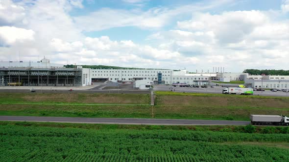 Modern Factory Exterior. Aerial footage of a large industrial complex.